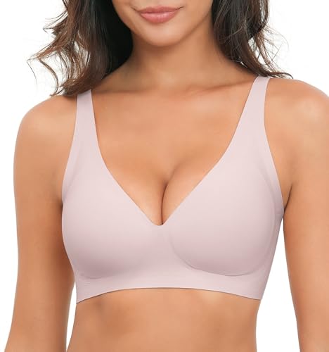 YGJIEGENG BH Damen Ohne Bügel mit tiefem V Ausschnitt Klassische Nahtloser Bügelloser BHS Brüste Starker Halt Seamless Soft Bra Push Up Glatter Bralette Pink M von YGJIEGENG
