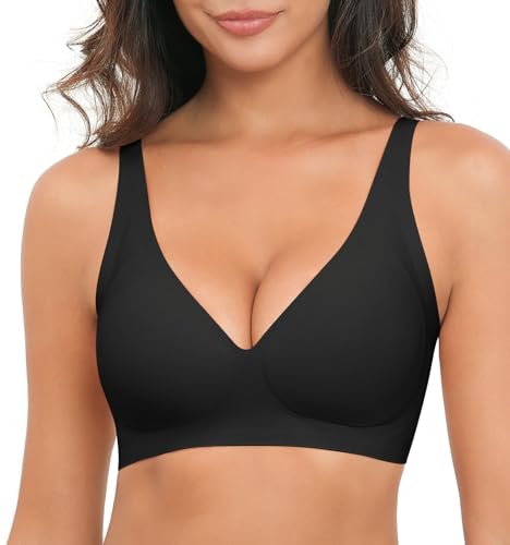YGJIEGENG BH Damen Ohne Bügel mit tiefem V Ausschnitt Klassische Nahtloser Bügelloser BHS Brüste Starker Halt Seamless Soft Bra Push Up Glatter Bralette Schwarz L von YGJIEGENG