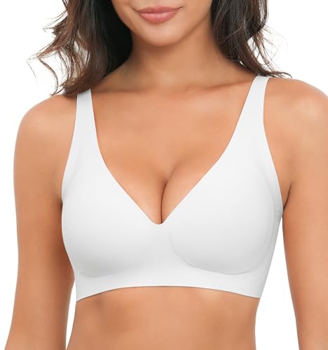 YGJIEGENG BH Damen Ohne Bügel mit tiefem V Ausschnitt Klassische Nahtloser Bügelloser BHS Brüste Starker Halt Seamless Soft Bra Push Up Glatter Bralette Weiss M von YGJIEGENG