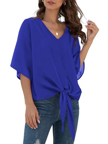 YGJIEGENG Bluse Damen Sommer Chiffon Blusen mit V-Ausschnitt und Bindung Kurzarm Elegant Oberteile Oversize Blau L von YGJIEGENG