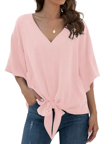 YGJIEGENG Bluse Damen Sommer Chiffon Blusen mit V-Ausschnitt und Bindung Kurzarm Elegant Oberteile Oversize Rosa L von YGJIEGENG