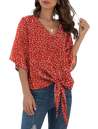 YGJIEGENG Bluse Damen Sommer Chiffon Blusen mit V-Ausschnitt und Bindung Kurzarm Elegant Oberteile Oversize Rot Blume XL von YGJIEGENG