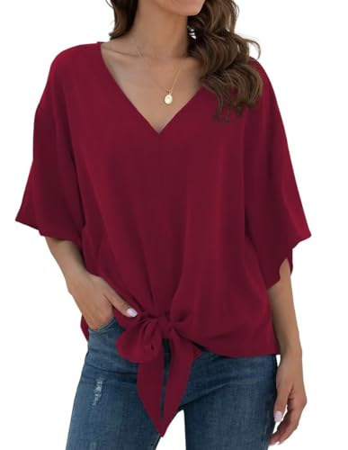 YGJIEGENG Bluse Damen Sommer Chiffon Tunika Tops Kurzarm Elegant Oberteile V-Ausschnitt Loose Casual Tie Front Trompetenärmel T Shirts Rotwein M von YGJIEGENG
