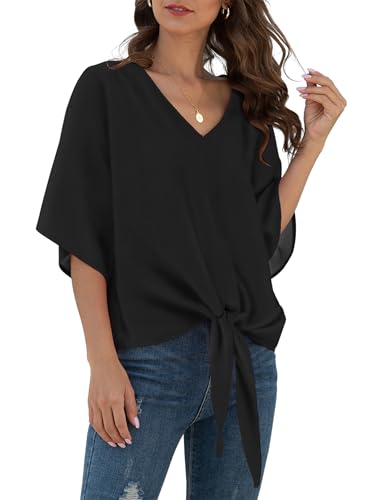 YGJIEGENG Bluse Damen Sommer Chiffon Blusen mit V-Ausschnitt und Bindung Kurzarm Elegant Oberteile Oversize Schwarz M von YGJIEGENG