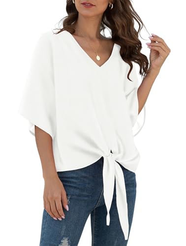 YGJIEGENG Bluse Damen Sommer Chiffon Tunika Tops Kurzarm Elegant Oberteile V-Ausschnitt Loose Casual Tie Front Trompetenärmel T Shirts Weiß XL von YGJIEGENG