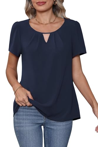 YGJIEGENG Bluse Damen Sommer Kurzarm Chiffon Shirt Rundhals Einfarbig Oberteile Elegant Casual Blusenshirt Business Tunika Top Blau M von YGJIEGENG