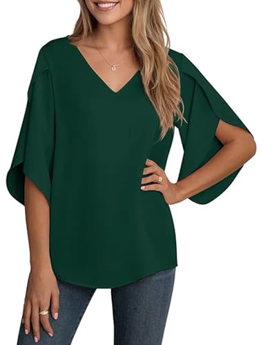 YGJIEGENG Bluse Damen Sommer Tunika Shirt V-Ausschnitt Elegant Oberteile Chiffon Loose 3/4 Ärmel Casual Leicht Tops mit Glockenärmeln Dunkle Grün 2XL YGJIEGENG Bluse Damen Sommer Tunika Shirt V-Ausschnitt Elegant Oberteile Chiffon Loose 3/4 Ärmel Casual Leicht Tops mit Glockenärmeln Dunkle Grün 2XL von YGJIEGENG