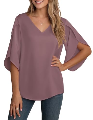 YGJIEGENG Bluse Damen Sommer Tunika Shirt V-Ausschnitt Elegant Oberteile Chiffon Loose 3/4 Ärmel Casual Leicht Tops mit Glockenärmeln Mocha XL von YGJIEGENG