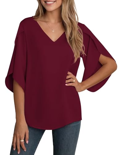 YGJIEGENG Bluse Damen Sommer Tunika Shirt V-Ausschnitt Elegant Oberteile Chiffon Loose 3/4 Ärmel Casual Leicht Tops mit Glockenärmeln Rot 2XL von YGJIEGENG