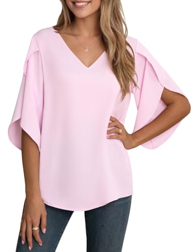 YGJIEGENG Bluse Damen Sommer Tunika Shirt V-Ausschnitt Elegant Oberteile Chiffon Loose 3/4 Ärmel Casual Leicht Tops mit Glockenärmeln blassrosa 2XL YGJIEGENG Bluse Damen Sommer Tunika Shirt V-Ausschnitt Elegant Oberteile Chiffon Loose 3/4 Ärmel Casual Leicht Tops mit Glockenärmeln blassrosa 2XL von YGJIEGENG