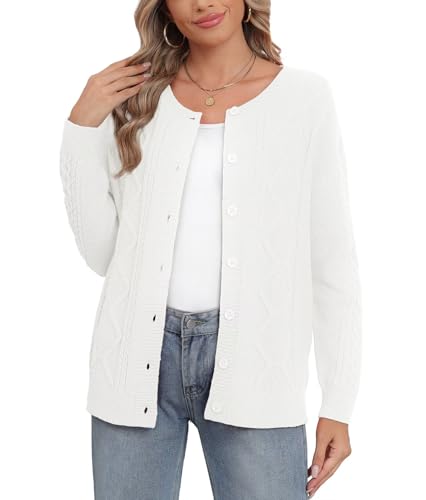YGJIEGENG Cardigan Damen Langarm Strickjacke Kurz Knopfleiste Rundhalsausschnitt Jäckchen Herbst und Winter Outerwear Weiss 2XL von YGJIEGENG