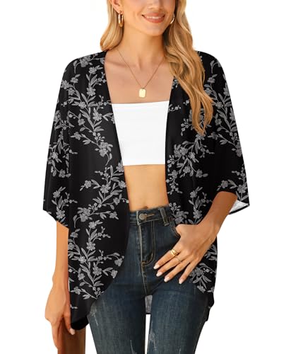 YGJIEGENG Chiffon Kimono Cardigan 3/4 Arm Bikini Cover Up Leichte Strand Offene Front Jacke für Sommer Black Leaves L von YGJIEGENG