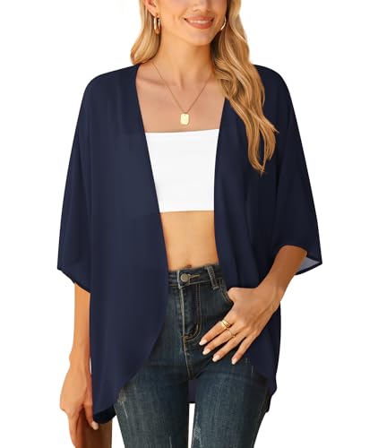 YGJIEGENG Chiffon Kimono Cardigan 3/4 Arm Bikini Cover Up Leichte Strand Offene Front Jacke für Sommer Blau S von YGJIEGENG