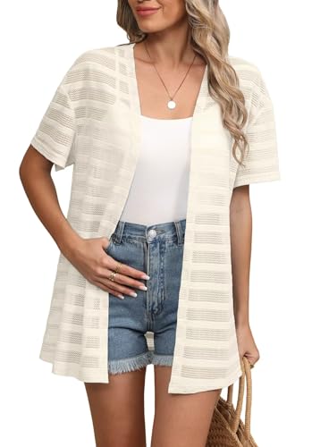 YGJIEGENG Damen Kurzarm Strickjacke Sommer Leichte Cardigan V Ausschnitt Lange Strand Bikini Cover Up Beige XXL von YGJIEGENG