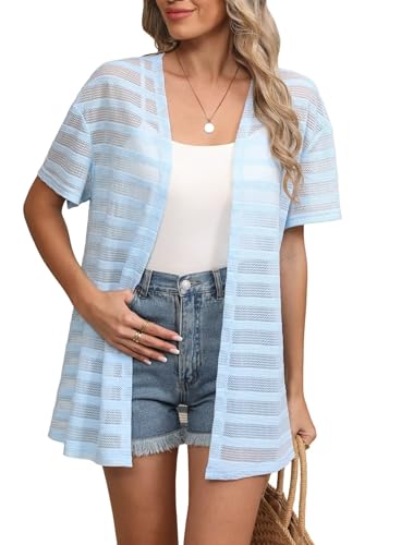 YGJIEGENG Damen Kurzarm Strickjacke Sommer Leichte Cardigan V Ausschnitt Lange Strand Bikini Cover Up Hellblau M von YGJIEGENG