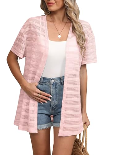 YGJIEGENG Damen Kurzarm Strickjacke Sommer Leichte Cardigan V Ausschnitt Lange Strand Bikini Cover Up Hellrosa S von YGJIEGENG