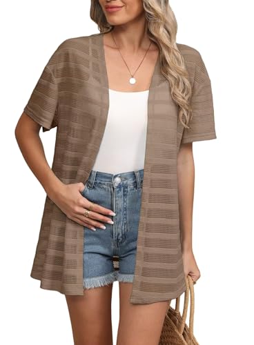 YGJIEGENG Damen Kurzarm Strickjacke Sommer Leichte Cardigan V Ausschnitt Lange Strand Bikini Cover Up Khaki XXL von YGJIEGENG