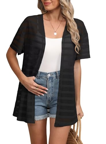 YGJIEGENG Damen Kurzarm Strickjacke Sommer Leichte Cardigan V Ausschnitt Lange Strand Bikini Cover Up Schwarz S von YGJIEGENG