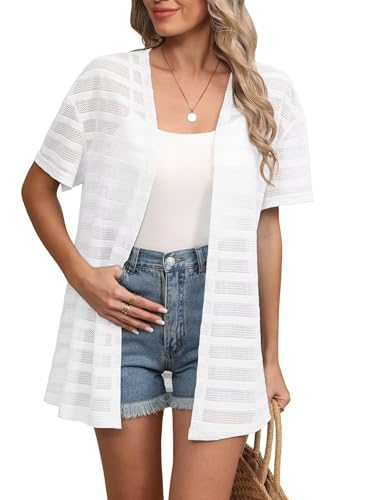 YGJIEGENG Damen Kurzarm Strickjacke Sommer Leichte Cardigan V Ausschnitt Lange Strand Bikini Cover Up Weiss XXL von YGJIEGENG