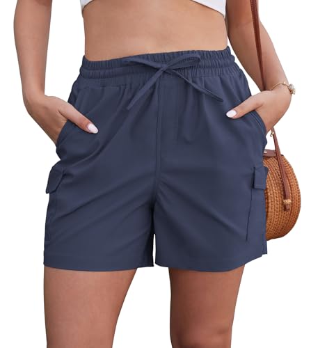 YGJIEGENG Damen Shorts Kurze Hosen Sommer Elastische Wanderhose Weiten Beinen Seitentaschen Bequeme Kurzhose für Freizeit Outdoor Navy Blau XXL von YGJIEGENG