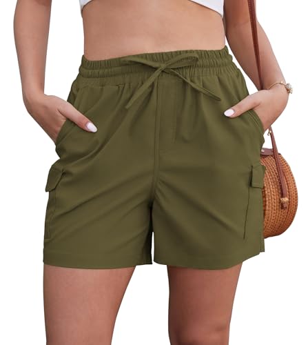 YGJIEGENG Damen Shorts Sommer Kurze Hosen Bermuda Outdoorhose Strand Cargo Shorts mit Tunnelzug und Taschen für Freizeit Outdoor Armee grün XL von YGJIEGENG