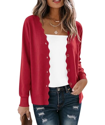 YGJIEGENG Damen Strickjacke Herbst Winter Cardigan Langarm Kurz Langarm Strickpullover Elegante V-Ausschnitt Vintage Klassisch Sweater Pullover Rotwein XL von YGJIEGENG