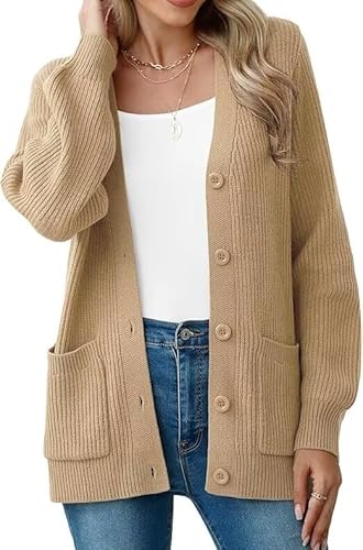 YGJIEGENG Damen Strickjacke Langärmelige Grobstrick Cardigan lockere V Ausschnitt Strickjacke Open Front Pullover Herbst Winter Elegant Casual Schulterjacke Outwear mit Knopfleiste Aprikose M von YGJIEGENG