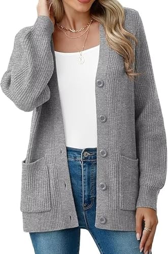 YGJIEGENG Damen Strickjacke Langärmelige Grobstrick Cardigan lockere V Ausschnitt Strickjacke Open Front Pullover Herbst Winter Elegant Casual Schulterjacke Outwear mit Knopfleiste Grau S von YGJIEGENG