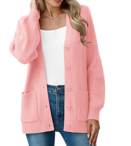 YGJIEGENG Damen Strickjacke Langärmelige Grobstrick Cardigan lockere V Ausschnitt Strickjacke Open Front Pullover Herbst Winter Elegant Casual Schulterjacke Outwear mit Knopfleiste Hellrosa M von YGJIEGENG