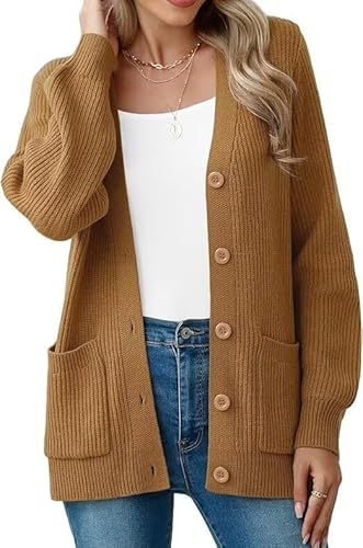YGJIEGENG Damen Strickjacke Langärmelige Grobstrick Cardigan lockere V Ausschnitt Strickjacke Open Front Pullover Herbst Winter Elegant Casual Schulterjacke Outwear mit Knopfleiste Kamel 2XL von YGJIEGENG