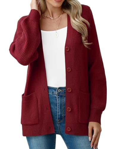 YGJIEGENG Damen Strickjacke Langärmelige Grobstrick Cardigan lockere V Ausschnitt Strickjacke Open Front Pullover Herbst Winter Elegant Casual Schulterjacke Outwear mit Knopfleiste Rot 2XL von YGJIEGENG