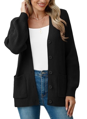 YGJIEGENG Damen Strickjacke Langärmelige Grobstrick Cardigan lockere V Ausschnitt Strickjacke Open Front Pullover Herbst Winter Elegant Casual Schulterjacke Outwear mit Knopfleiste Schwarz M von YGJIEGENG