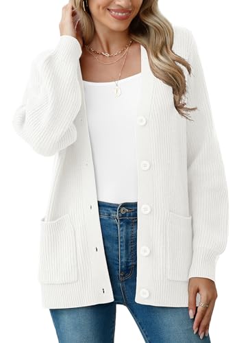 YGJIEGENG Damen Strickjacke Langärmelige Grobstrick Cardigan lockere V Ausschnitt Strickjacke Open Front Pullover Herbst Winter Elegant Casual Schulterjacke Outwear mit Knopfleiste Weiss L von YGJIEGENG