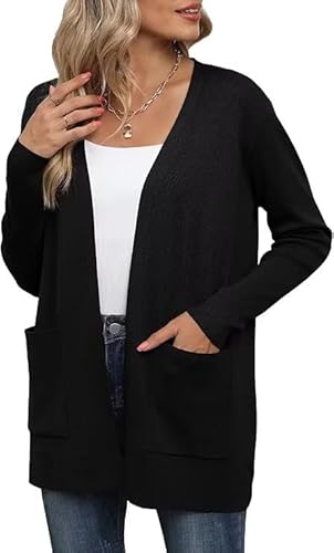 YGJIEGENG Damen-Strickjacken Leichte Langarm-Strickjacken mit offener Vorderseite für Damen UK Elegante mit Taschen, Schwarz, XXL von YGJIEGENG