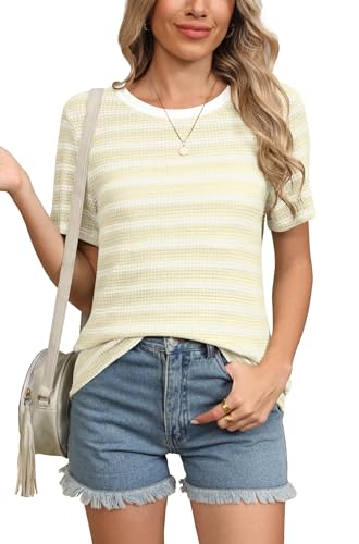 YGJIEGENG Tshirt Damen Gestreiftes Shirt Damen Oberteile Sommer Baumwolle Rundhals Tank Tops Kurzarm Tunika Elegant Beige L von YGJIEGENG