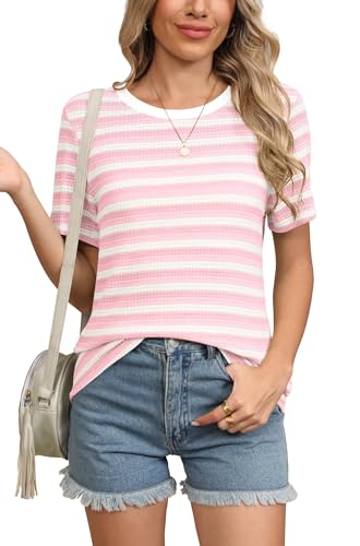 YGJIEGENG Damen T-Shirt Kurzarm Basic Streifen Top Bequemes Lockeres Rundhals-Shirt Atmungsaktive Sommer Bluse Hellrosa S von YGJIEGENG