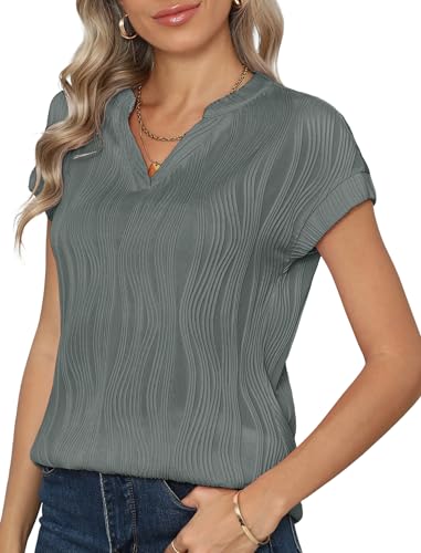 YGJIEGENG Damen T-Shirt V Ausschnitt Flügelärmeln Oberteile Sommer Kurzarm Basic Bluse Shirts Tops Grau M von YGJIEGENG