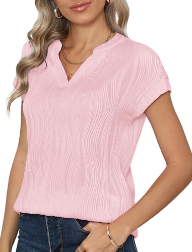 YGJIEGENG Damen T-Shirt V Ausschnitt Flügelärmeln Oberteile Sommer Kurzarm Basic Bluse Shirts Tops Rosa XXL von YGJIEGENG