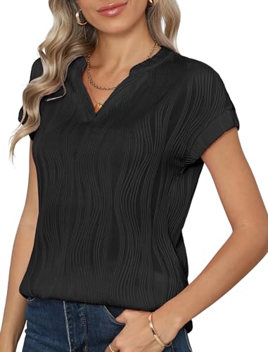 YGJIEGENG Damen T-Shirt V Ausschnitt Flügelärmeln Oberteile Sommer Kurzarm Basic Bluse Shirts Tops Schwarz XL von YGJIEGENG