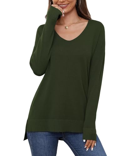 YGJIEGENG Pullover Damen V Ausschnitt Strickpullover Herbst Winter Sweatshirt Leichter Einfarbig Pullover Elegant Casual Oversize Warm Oberteile Armeegrün XL von YGJIEGENG