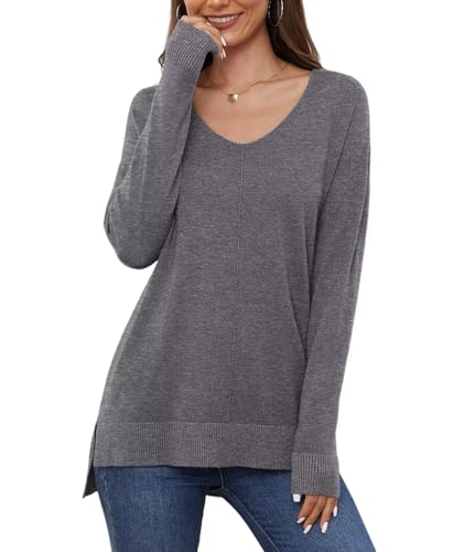 YGJIEGENG Pullover Damen V Ausschnitt Strickpullover Herbst Winter Sweatshirt Leichter Einfarbig Pullover Elegant Casual Oversize Warm Oberteile Grau XL von YGJIEGENG