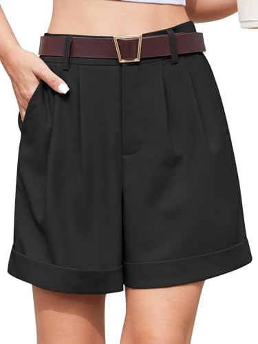 YGJIEGENG Shorts Damen Sommer Kurze Hosen Lässig Elastische Taille Weites Bein Business Anzug Tailored Shorts mit Taschen Schwarz M von YGJIEGENG