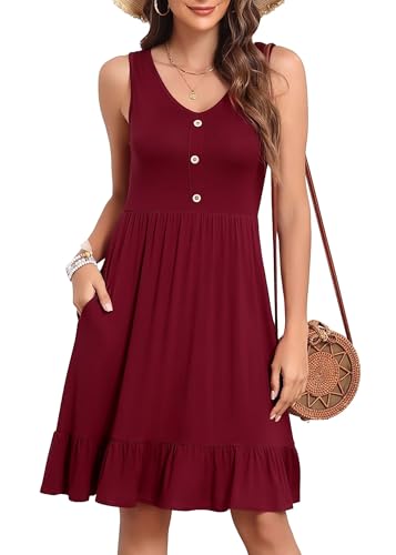 YGJIEGENG Sommerkleid Damen Trägerkleid Maxi Leicht Baumwolle V-Ausschnitt Knopfleiste Casual Elegant mit Seitentaschen Weinrot 2XL von YGJIEGENG