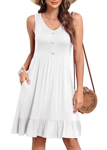 YGJIEGENG Sommerkleid Damen Trägerkleid Maxi Leicht Baumwolle V-Ausschnitt Knopfleiste Casual Elegant mit Seitentaschen Weiss S von YGJIEGENG