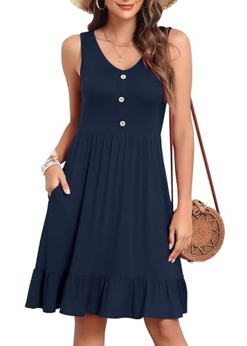 YGJIEGENG Sommerkleid Damen Trägerkleid Maxi Leicht Baumwolle V-Ausschnitt Knopfleiste Casual Elegant mit Seitentaschen Marineblau L von YGJIEGENG