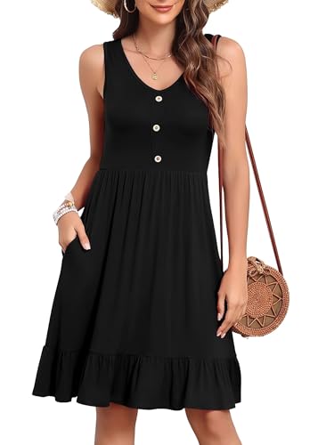 YGJIEGENG Sommerkleid Damen Trägerkleid Maxi Leicht Baumwolle V-Ausschnitt Knopfleiste Casual Elegant mit Seitentaschen Schwarz XL von YGJIEGENG