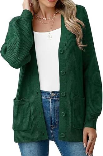 YGJIEGENG Damen Strickjacke Langärmelige Grobstrick Cardigan lockere V Ausschnitt Strickjacke Open Front Pullover Herbst Winter Elegant Casual Schulterjacke Outwear mit Knopfleiste Dunkelgrün 2XL von YGJIEGENG