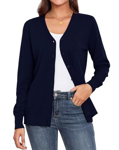 YGJIEGENG Strickjacke Damen Kurz Leichte Cardigan Langarm V-Ausschnitt Strickpullover Elegant Casual Herbst Winter Strickmantel mit Knopf Dunkleblau S von YGJIEGENG