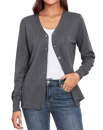 YGJIEGENG Strickjacke Damen Kurz Leichte Cardigan Langarm V-Ausschnitt Strickpullover Elegant Casual Herbst Winter Strickmantel mit Knopf Dunklegrau XL von YGJIEGENG