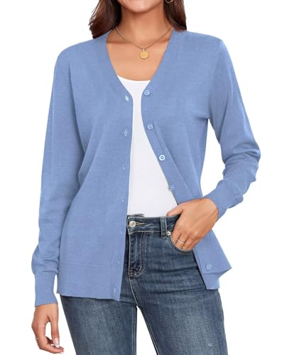 YGJIEGENG Strickjacke Damen Kurz Leichte Cardigan Langarm V-Ausschnitt Strickpullover Elegant Casual Herbst Winter Strickmantel mit Knopf Light Blau 2XL von YGJIEGENG